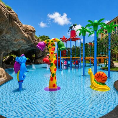 Tema de cavalo marinho e caracol, piscina infantil, parque aquático, design interativo, esquema de respingos para resort aquático